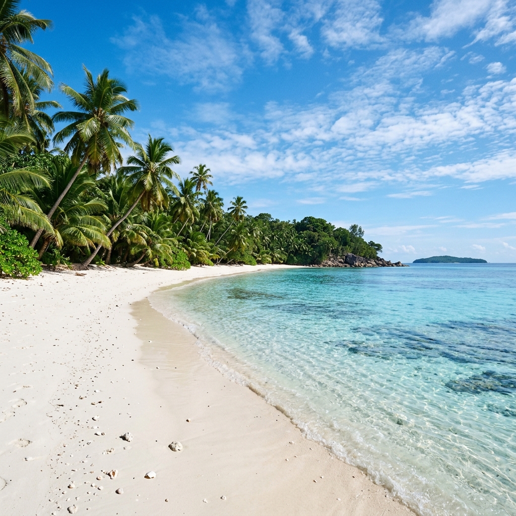 Secluded tropical beach with white sand and crystal clear water, palm trees, sunny day, no people